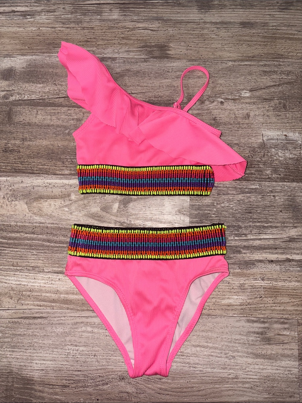 Neon Pink Ruffled Bikini with Rainbow Waistband Betsy Johnson- size 6